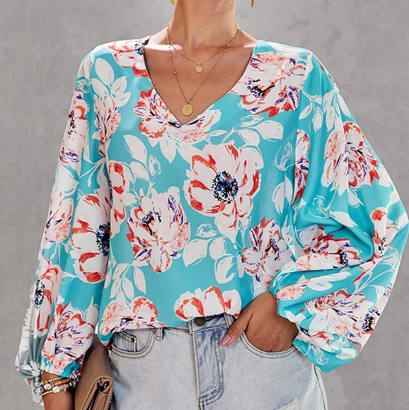 Tops - Floral Puff Sleeve Blouse
